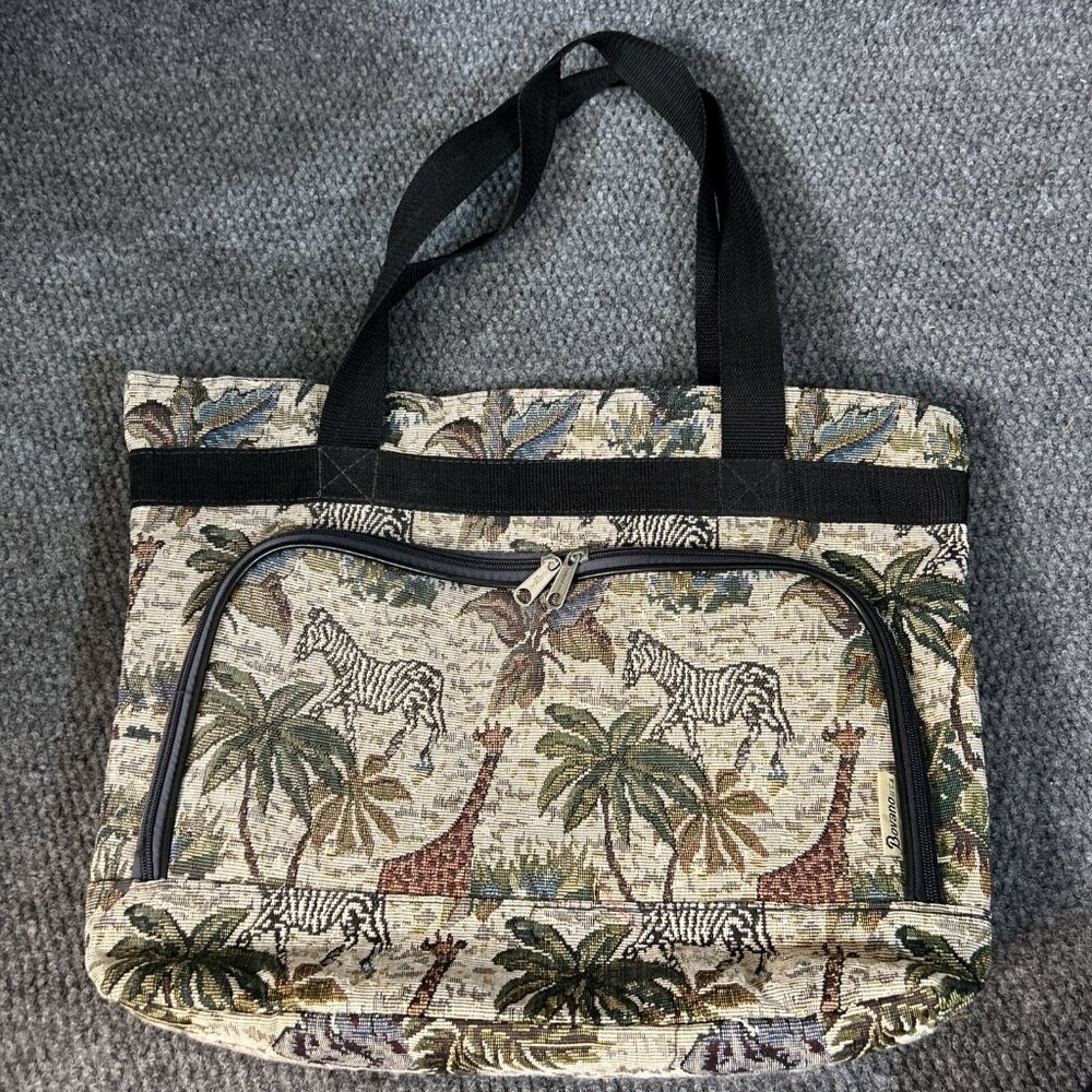Vintage American Uni Tapestry Tote Bag Animals Zebra Giraffe African Zip